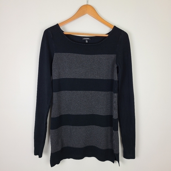 Le Chateau Black & Gray Striped Long Knit Sweater - Picture 9 of 16
